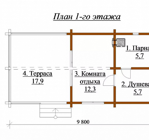 Баня из бруса с односкатной крышей, террасой и комнатой отдыха № КД26 - фото 3